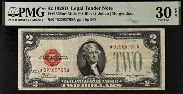 1928D $2 Legal Tender Mule PMG 30EPQ wanted red seal mule star US Note Fr 1505m*