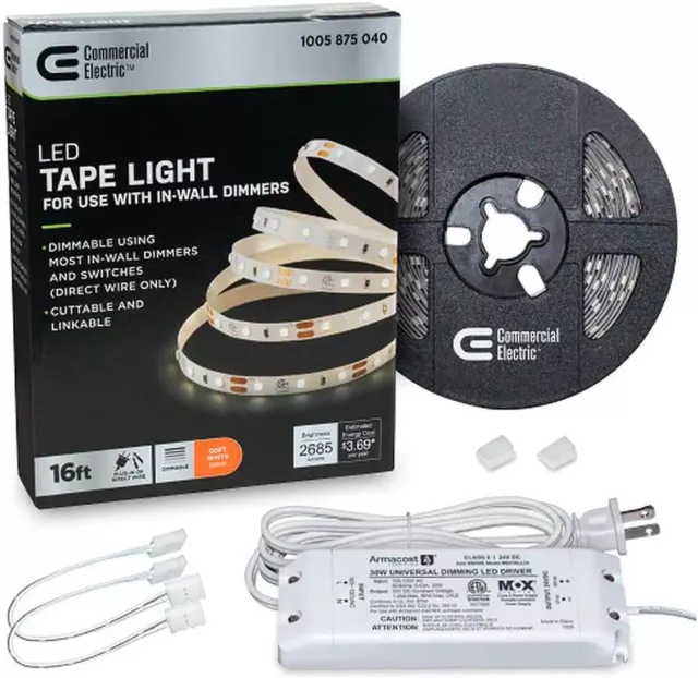 Dimmable White Tape Light Kit under Cabinet Light 16 Ft. LED AC 2 Connectors