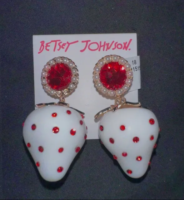 Authentic Betsey Johnson Babycakes White Red Crystal Strawberry Earrings Pearls