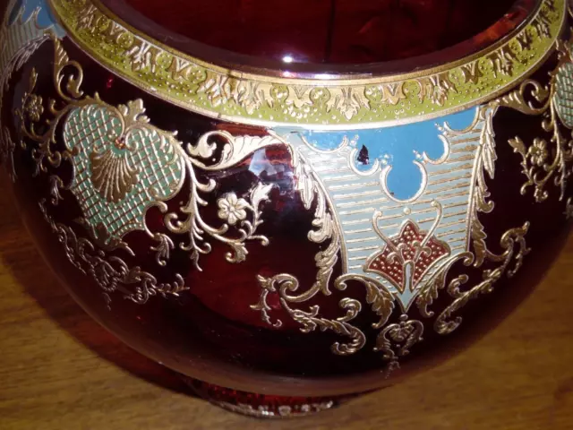 Vintage Large Bohemian Enameled Ruby Glass Bowl - 11" 3