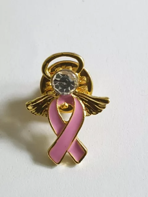 Breast Cancer Awareness Gold & Pink Ribbon Crystal Angel Wings Halo Pin Brooch