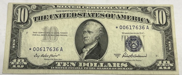 1953-A $10 Silver Certificate Star Note, Fr-1707*, Nice Crisp Xf, Tough Note!
