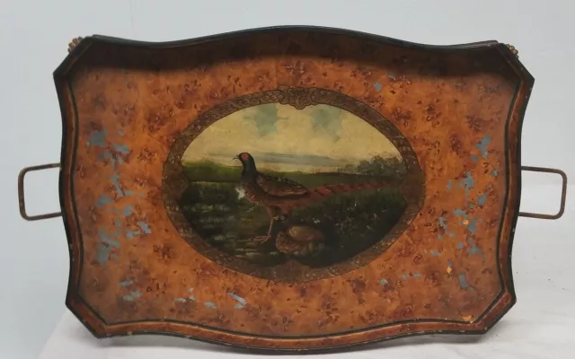 Antique Vintage Tin Painted Metal Pheasant Hunting Serving Tray As Is Toleware