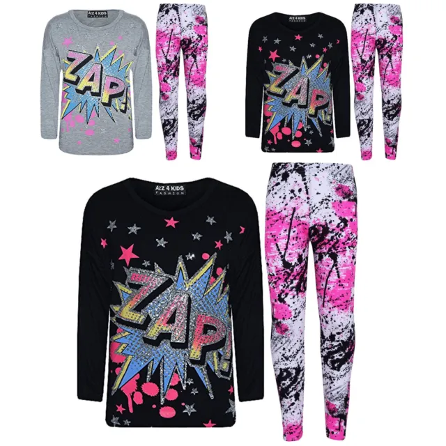 Girls Top Kids Designer Zap Print T Shirt Tops & Splash Legging Set 7-13 Years