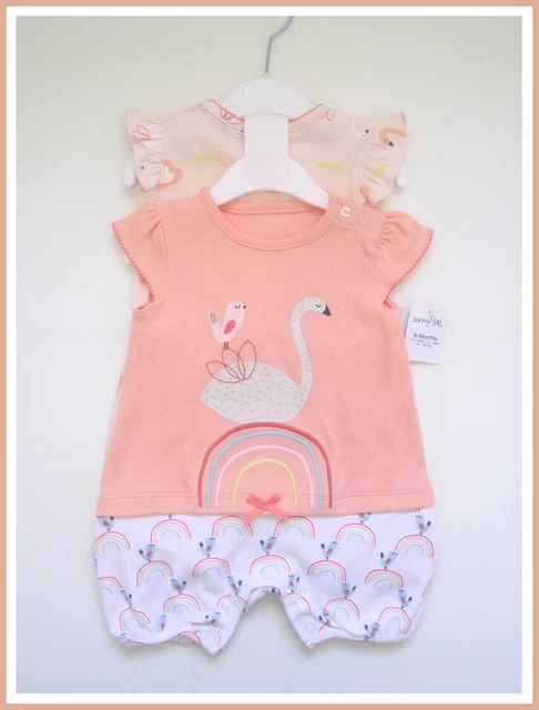 George Baby Tumpers Swan & Rainbow confezione da 2 abiti bianchi rosa 3-6 Mths NUOVI