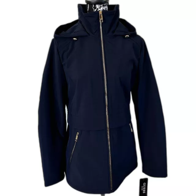 GUESS Women's Navy Soft Shell Hooded Fleece Lined Zip Transitional Jacket L NWT 2