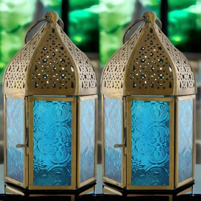 Pair of Moroccan Style Lanterns Brass Antique LED Tea Light Candle Holders Blue