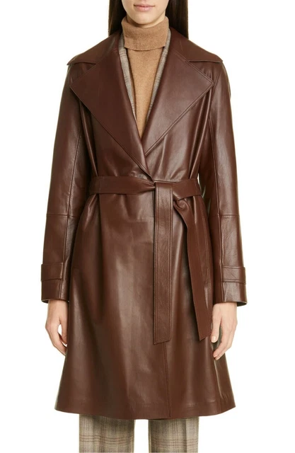 Women's Brown Leather Trench Coat 100% Lambskin Slim Fit Stylsih Causal WearCoat