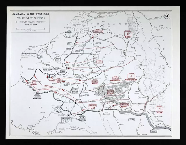 WWII Map Battle of Flanders Belgium Invasion Netherlands Holland Germany 1940