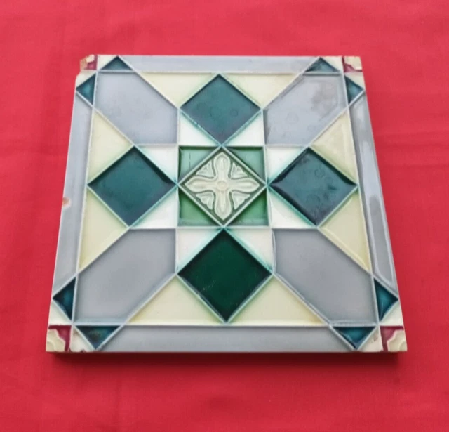 1 Piece Old Art Flower Design Embossed Majolica Ceramic Tiles Japan 0256 2