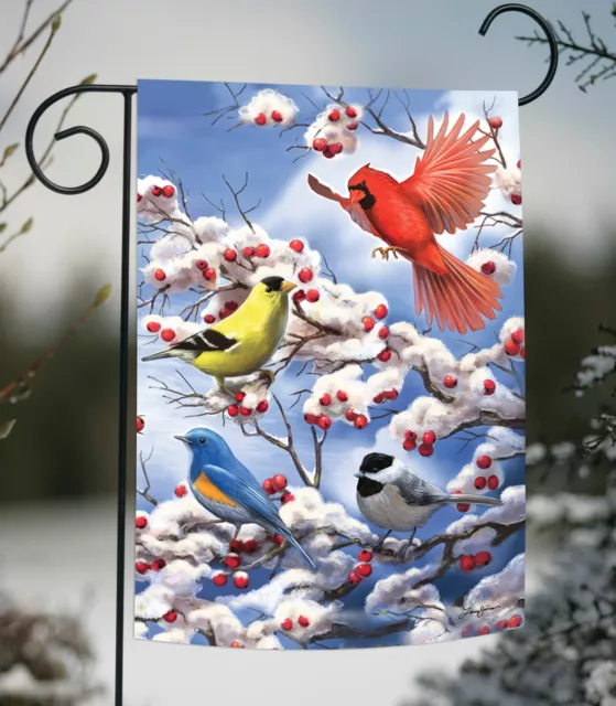 Toland Finch and Cardinal 12x18 Winter Bird Berries Snow Garden Flag