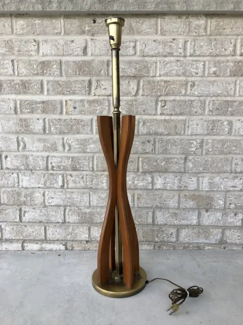 Vintage Mid Century Modern MCM Danish Eames Era Table Lamp Atomic Wood Brass