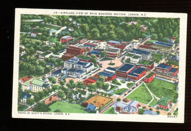 Vintage Postcard Airplane View of Main Business Section, Lenoir NC linen