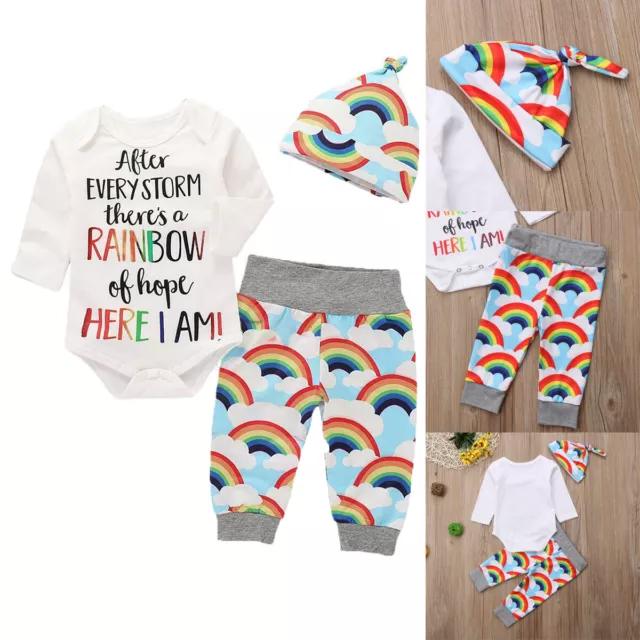 Newborn Baby Girl Clothes Rainbow Romper Jumpsuit Playsuit Pants Hat Outfits Set