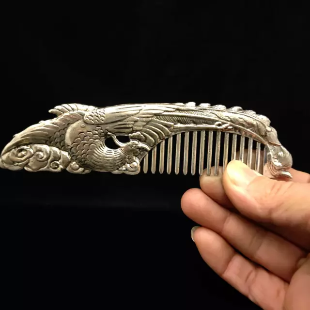 Old Collectiion Handwork Miao Silver Carving King Bird Phoenix Fenghuang Comb