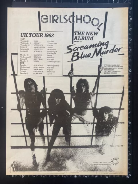 GIRLSCHOOL - SCREAMING BLUE MURDER 1982 15X11" Press Advert Poster L236