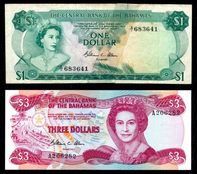 BAHAMAS  - One  And Three Dollars Banknotes