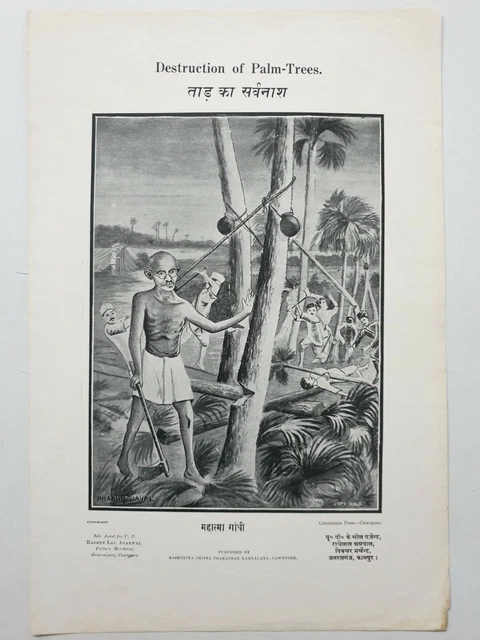 Vintage 30's Stampa Mahatma Gandhi Tagliere Toddy Alberi Cawnpore 10in x 1