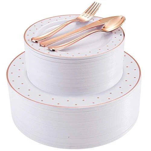 I00000 200PCS Rose Gold Plastic Plates with Disposable Silverware Set Rose Go...