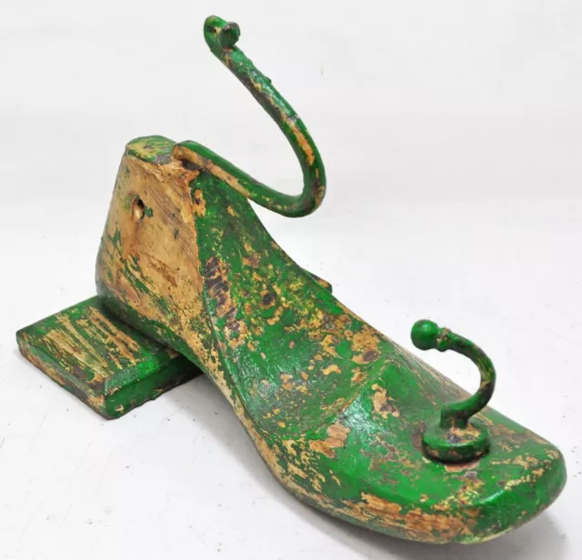 Hand Crafted Carved Wooden Shoe Mould Wall Hanging Hook Hanger Rustic Painted