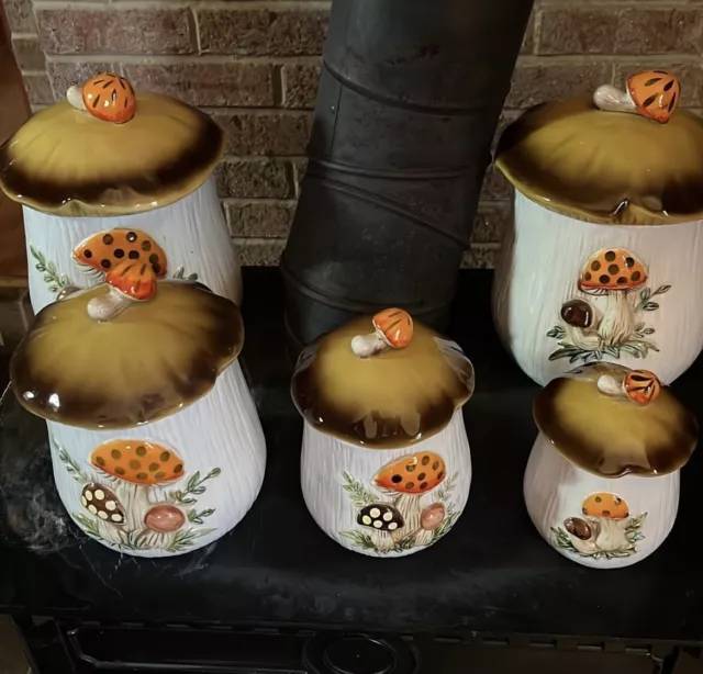 Merry Mushroom 5 Piece Canister Set With Lids Sears Roebuck & Co Japan 1978