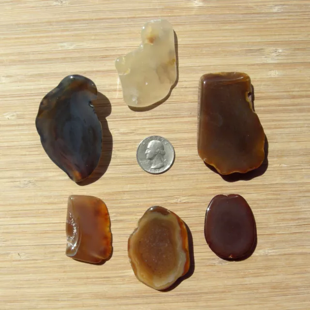 6 Mini Geode Ends Small Mixed Rock Slices Cut Polished Brown Gray Agate Crystals