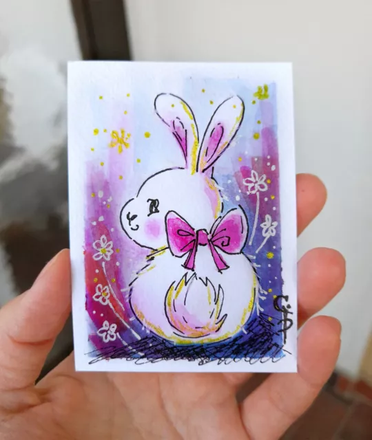 ACEO Easter Rabbit Painting Hare Original artwork Watercolor art Flower bunny 2