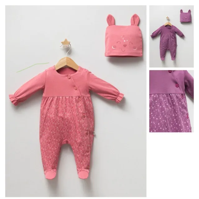 purple babygrow/sleepsuit & hat 2PC set; 100%cotton; newborn baby girl 0-3m; new