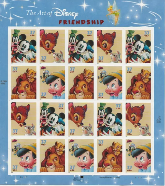 2004 37 cent Disney Friendship full Sheet of 20 Scott #3865-3868, Mint NH