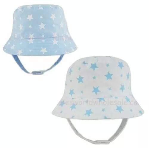 Baby Bucket Sun Hat + Chin Strap White Blue Cotton Stars Design Boys Girls 0-6M