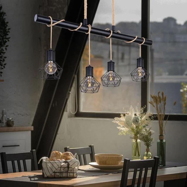 Suspension Luminaire en Laiton Vintage, Lustre Cage en Métal Noir avec Corde Chanvre Câble 5.1M, Douille E27 avec Interrupteur,DIY Lampe Suspendue