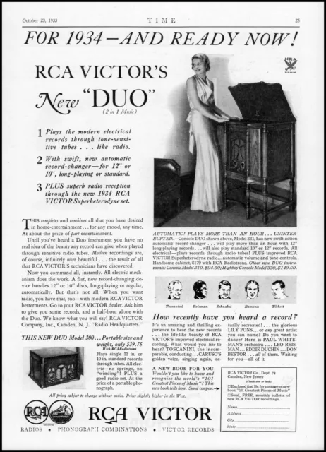 1933 RCA Victor new Duo phonograph radio classy woman vintage photo print ad S34