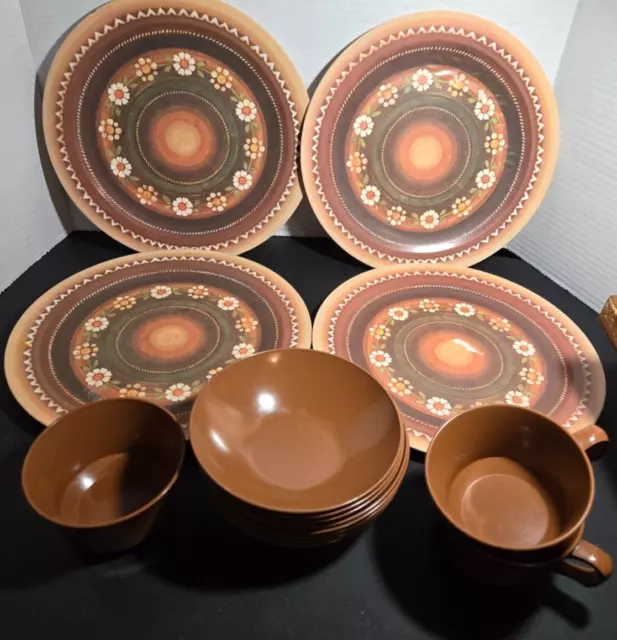 VTG Melmac Melamine Brown MCM Dinner Set Bowls Cups Allied Chemical Picnic Prop