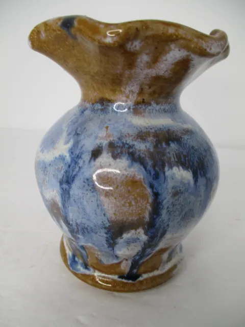 Vintage Stoneware Art Pottery Brown & Blue Drip Glaze Vase Signed