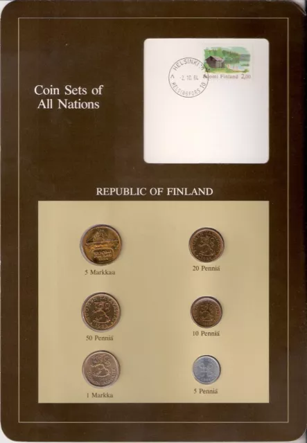 Coin Sets of All Nations : Republic of Finland 6 Coins, stamp, Info Card