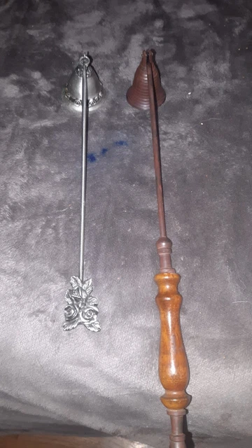 2 Vintage Pewter Candle Snuffer 8.5" Rose Detail Bell Heavy And wood Handle Also