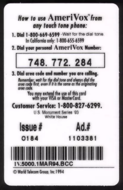 $10. White House (03/94) Phone Card 2