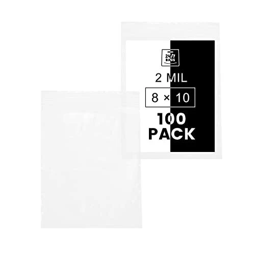 100ct, 8" X 10" Reclosable Zip Poly Bags 2 Mil, BPA-Free,