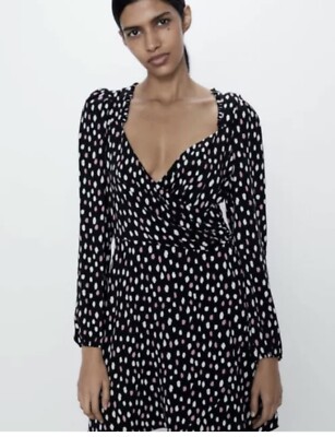 Zara Long Sleeve  Black White & Pink Patterned Dot Dress Size Medium Faux Wrap