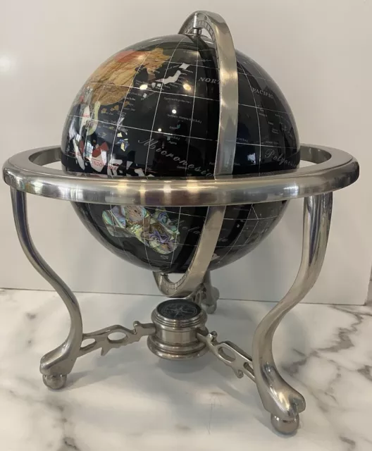 World Globe Black Onyx Gemstone, Silver Tripod Table Top Compass Handmade 13inch