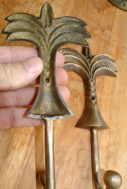 2 large Palm tree COAT HOOKS solid age brass tropicle vintage old style 20 cm B 6