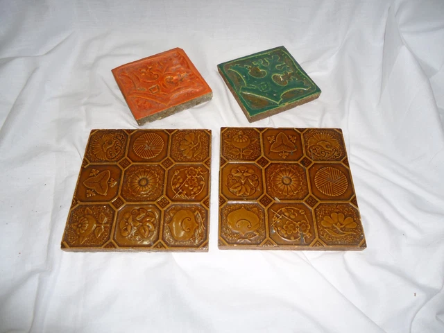 Tiles 4 pc Lot Majolica Vintage Antique 1920s Crown Swastika
