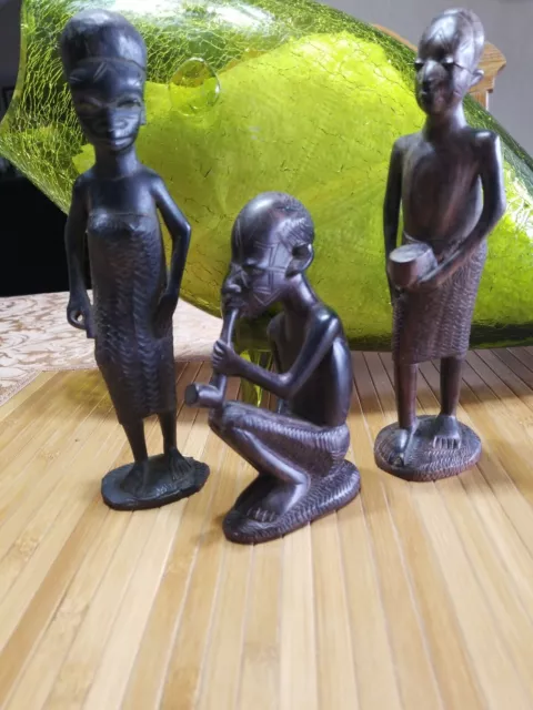 lot (3) MAKONDE Tribe TANZANIA Hand Carved Ebony Nat Wood AFRICAN ART STATUEs