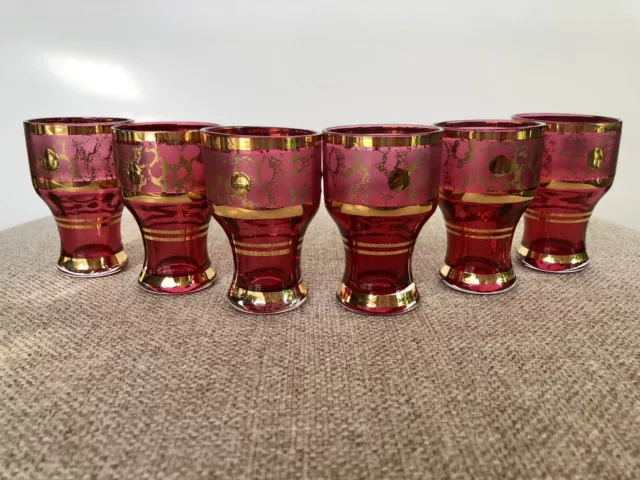 Set Of Six Bohemia CZECH Crystal Ruby Red & Gold Shot Glasses Wine Barware