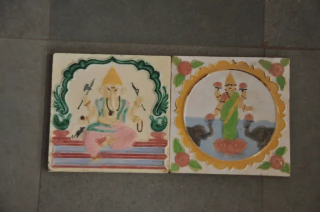 2 Pc Vintage Lord Ganesha & Laxmi Picture Colorful Design Ceramic Tiles
