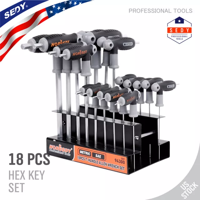 SAE & Metric T Handle Allen Wrench Ball End Hex Key Set w/Storage Stand Long Arm