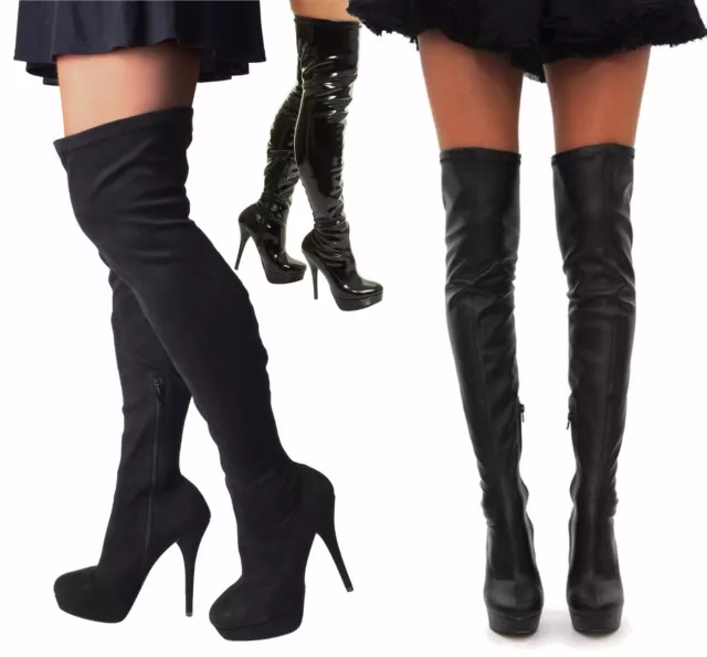 Ladies New Sexy Black Over Knee Thigh High Heel Stiletto Platform Stretchy Boots