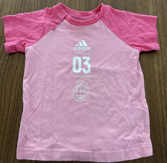 Baby Girls adidas Pink Logo Print Cotton T-shirt Size 12 - 18 Months Exc Cond