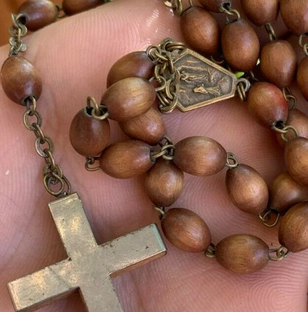 †Italian Vintage Wooden Rosary Beads Style Oval Crucifix italy Wood Cross 1890s†