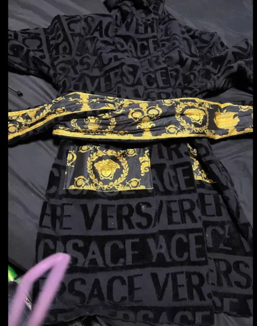 Versace Baroque Cotton Terry Bathrobe In Black W/ Gold Medusa Print - Size Large